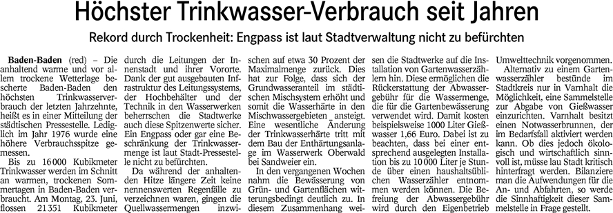 Bad.Tagblatt 01.07.14 Höchster Trinkwasserverbrauch seit Jahren