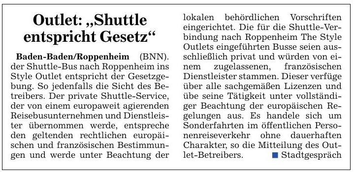 BNN 25.04.15 Outletshuttle entspricht Gesetz