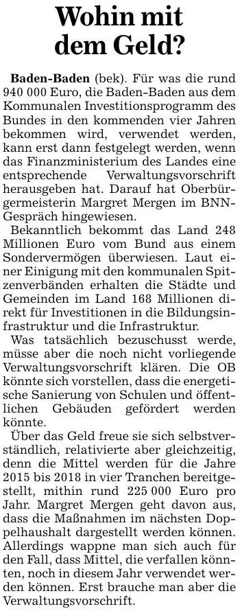 BNN 02.07.15 Wohin mit dem Geld