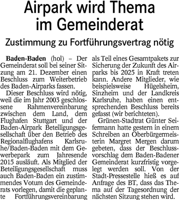 Bad.Tagblatt 04.12.15   Airpark wird Thema im Gemeinderat
