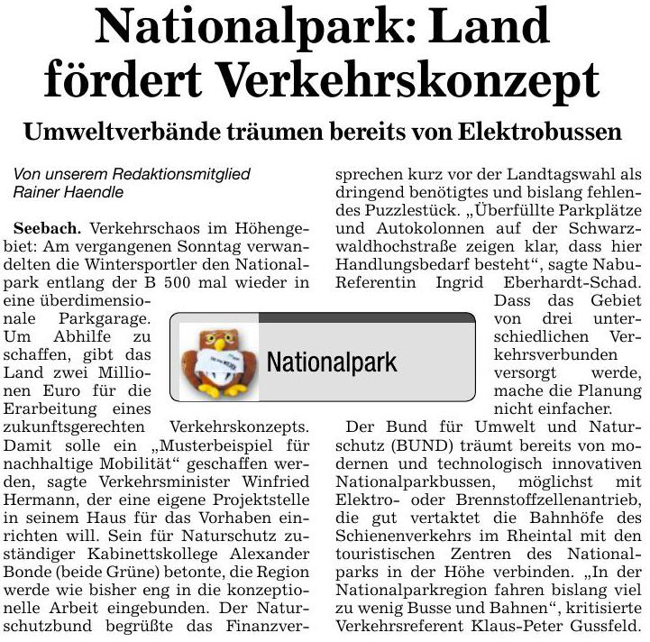 BNN 28.01.16  Land fördert Nationalpark-Verkehrskonzept