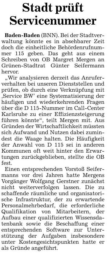 BNN 27.07.16 Stadt prüft Servicenummer