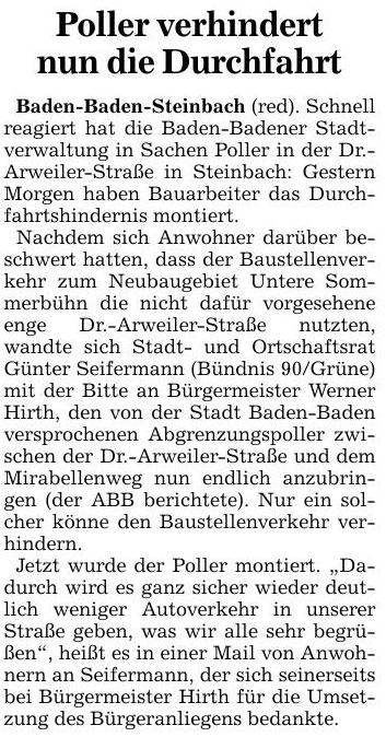 ABB 20.08.16 Poller verhindert Durchfahrt