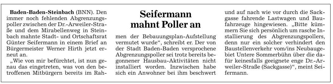 BNN 17.08.16 Seifermann mahnt Poller an