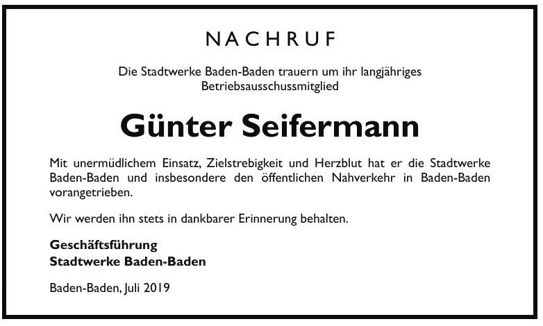 Nachruf von Stadtwerke Baden-Baden